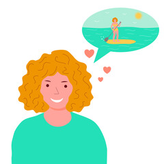 Young smiling girl with curly hair dreaming about summer and paddleboarding, flat vector