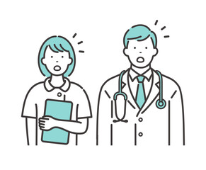若い男性医師と女性看護師　驚いた表情