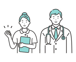 頑張る若い男性医師と女性看護師　ガッツポーズ