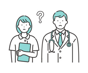 若い男性医師と女性看護師　疑問の表情
