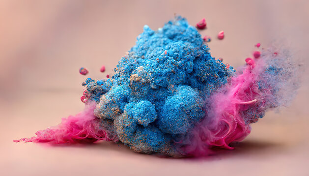 Vibrant explosion of blue and pink powders, capturing dynamic movement and intense bursts, set against a muted background. Perfect depiction of energetic release. generative ai 