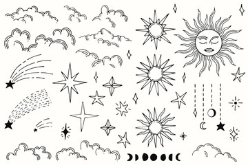 Hand draw elements set collection stars and sun vector