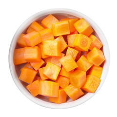 Bowl of delicious diced carrots isolated on white, top view