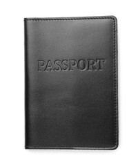 Passport in black leather case isolated on white, top view
