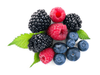 Mix of different fresh berries isolated on white, top view