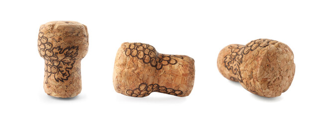 Set with corks of sparkling wine bottles on white background. Banner design