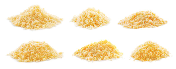 Set with delicious parmesan cheese on white background. Banner design