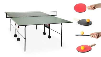 People with tennis rackets and balls near ping pong table on white background
