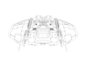 alien spaceship in outline way is floating on top bird eye view