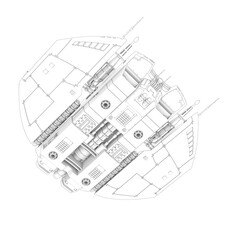 alien spaceship in outline way is flying up