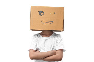 Child girl wearing emoticon face boxes on their head on transparent background - PNG format.