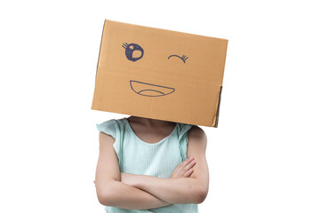 Child girl wearing emoticon face boxes on their head on transparent background - PNG format.