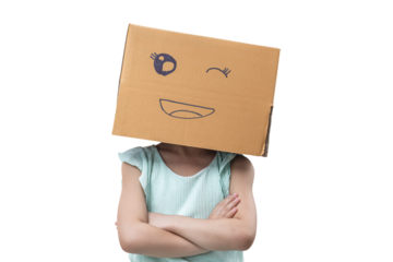 Child girl wearing emoticon face boxes on their head on transparent background - PNG format.