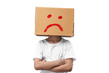 Child girl wearing emoticon face boxes on their head on transparent background - PNG format.