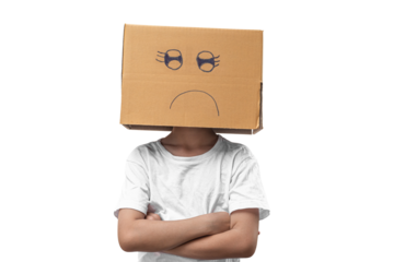Child girl wearing emoticon face boxes on their head on transparent background - PNG format.