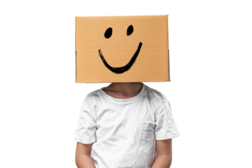 Child girl wearing emoticon face boxes on their head on transparent background - PNG format.