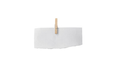 wooden clip and white paper isolated on transparent background - PNG format.