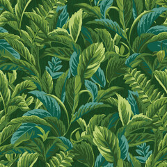 Naklejka na ściany i meble tropical jungle green leaves seamless pattern