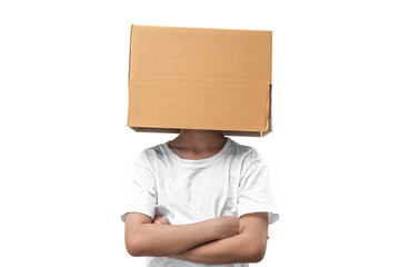 Child girl wearing emoticon face boxes on their head on transparent background - PNG format.