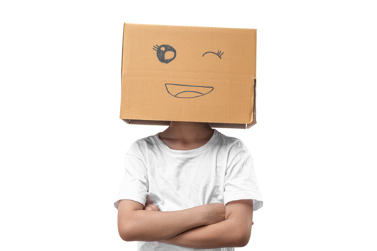 Child girl wearing emoticon face boxes on their head on transparent background - PNG format.