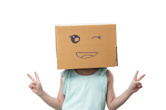 Child girl wearing emoticon face boxes on their head on transparent background - PNG format.