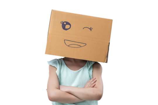 Child girl wearing emoticon face boxes on their head on transparent background - PNG format.
