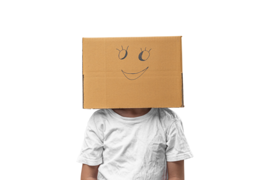 Child girl wearing emoticon face boxes on their head on transparent background - PNG format.