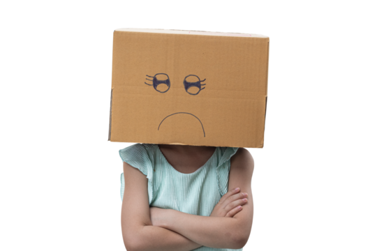 Child girl wearing emoticon face boxes on their head on transparent background - PNG format.