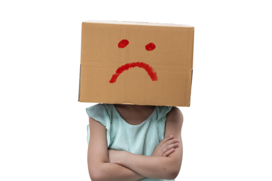 Child girl wearing emoticon face boxes on their head on transparent background - PNG format.
