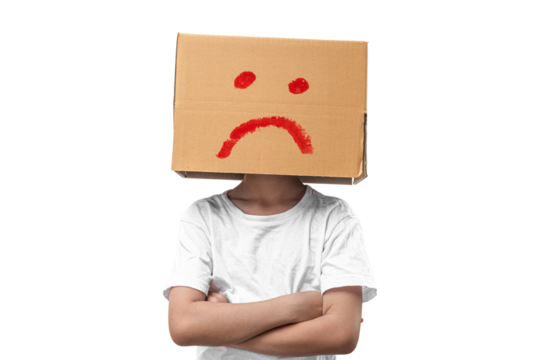 Child girl wearing emoticon face boxes on their head on transparent background - PNG format.