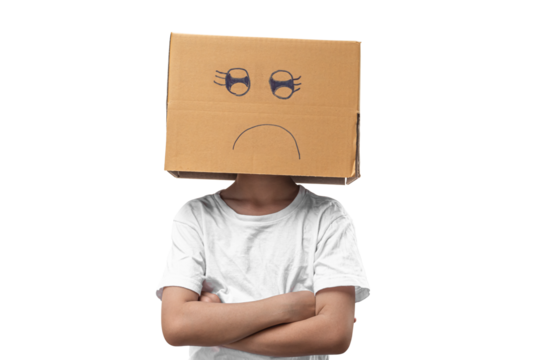Child girl wearing emoticon face boxes on their head on transparent background - PNG format.