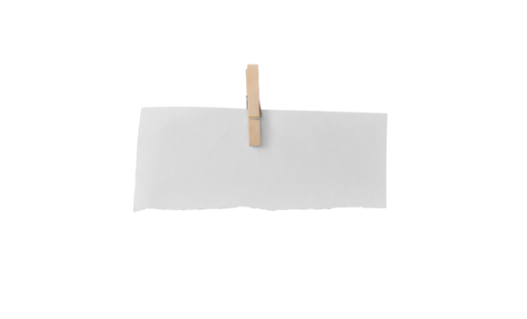 wooden clip and white paper isolated on transparent background - PNG format.