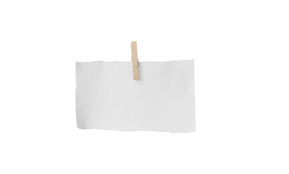 wooden clip and white paper isolated on transparent background - PNG format.