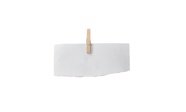 wooden clip and white paper isolated on transparent background - PNG format.