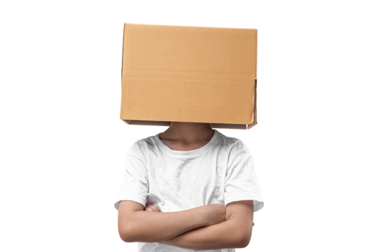 Child girl wearing emoticon face boxes on their head on transparent background - PNG format.