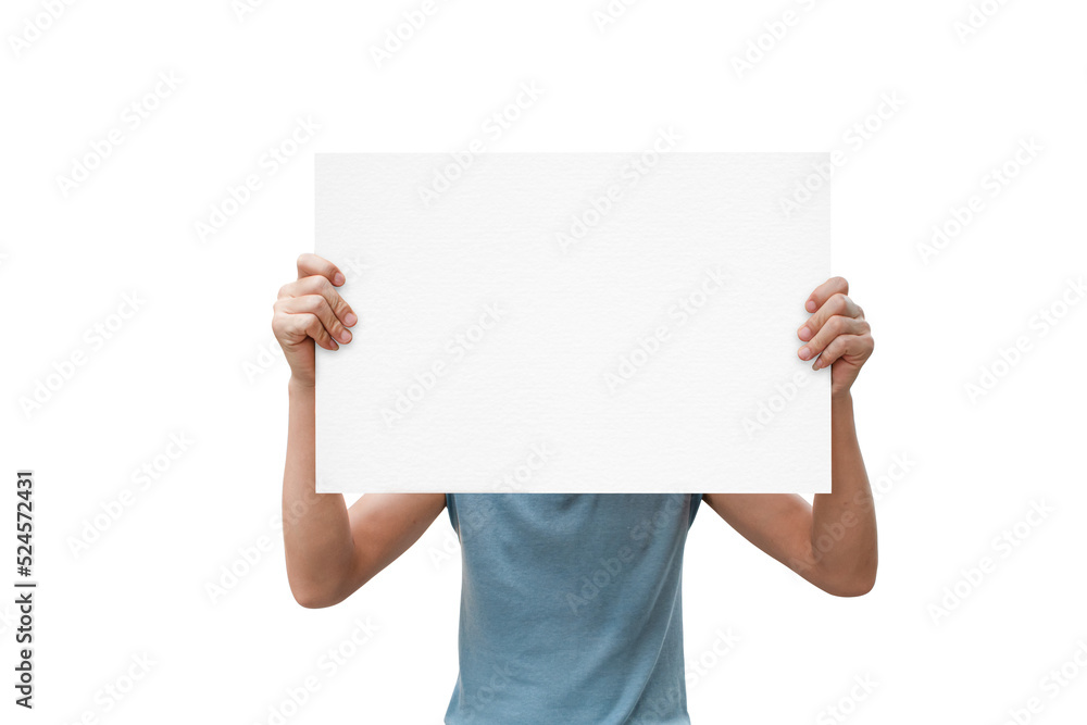 Wall mural Man hand show white blank paper isolated on transparent background - PNG format.