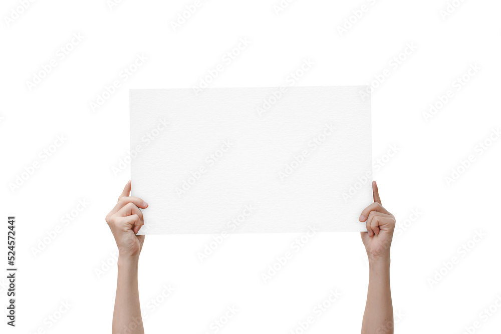 Wall mural man hand show white blank paper isolated on transparent background - png format.