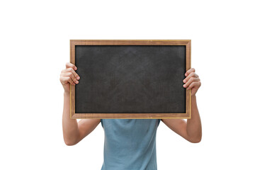 Man hand show chalkboard isolated on transparent background - PNG format.