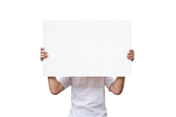 Child girl show white blank paper isolated on transparent background - PNG format.