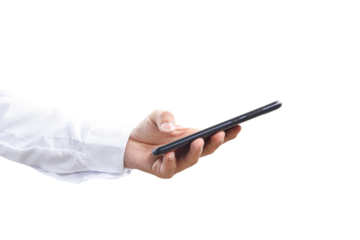 Business hand holding mobile phone isolated on transparent background - PNG format.