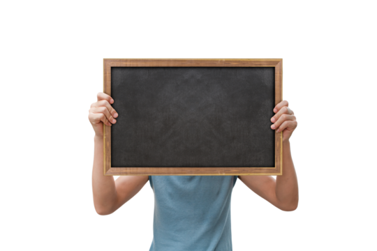 Man hand show chalkboard isolated on transparent background - PNG format.