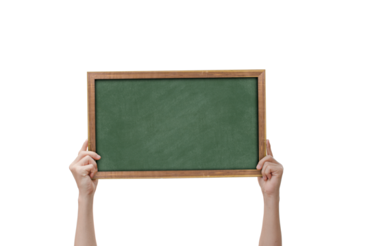 Man hand show chalkboard isolated on transparent background - PNG format.