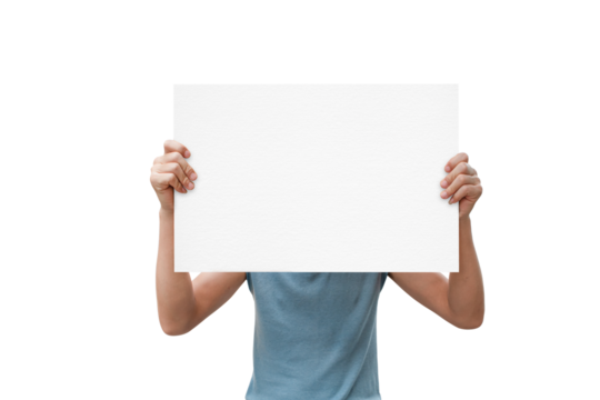 Man hand show white blank paper isolated on transparent background - PNG format.