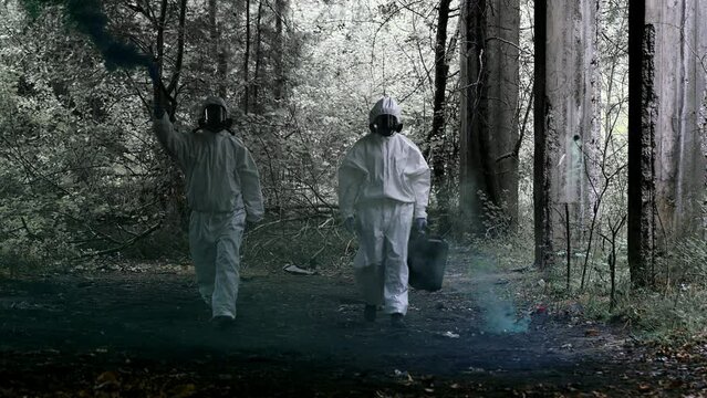 Polluted, post nuclear area with abandoned warehouse and colorful smoke. Scientist in safety uniforms picking samples carrying signal flares