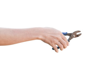 Old rusty pliers in hand isolated on transparent background - PNG format.