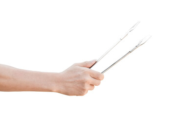 Hand holding kitchen tongs isolated on transparent background - PNG format.