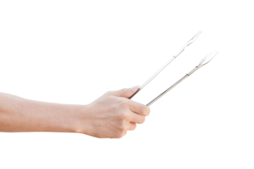 Hand holding kitchen tongs isolated on transparent background - PNG format.