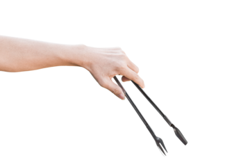 Hand holding kitchen tongs isolated on transparent background - PNG format.