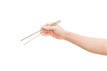 hand holding wooden chopsticks isolated on transparent background - PNG format.
