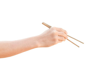 hand holding wooden chopsticks isolated on transparent background - PNG format.